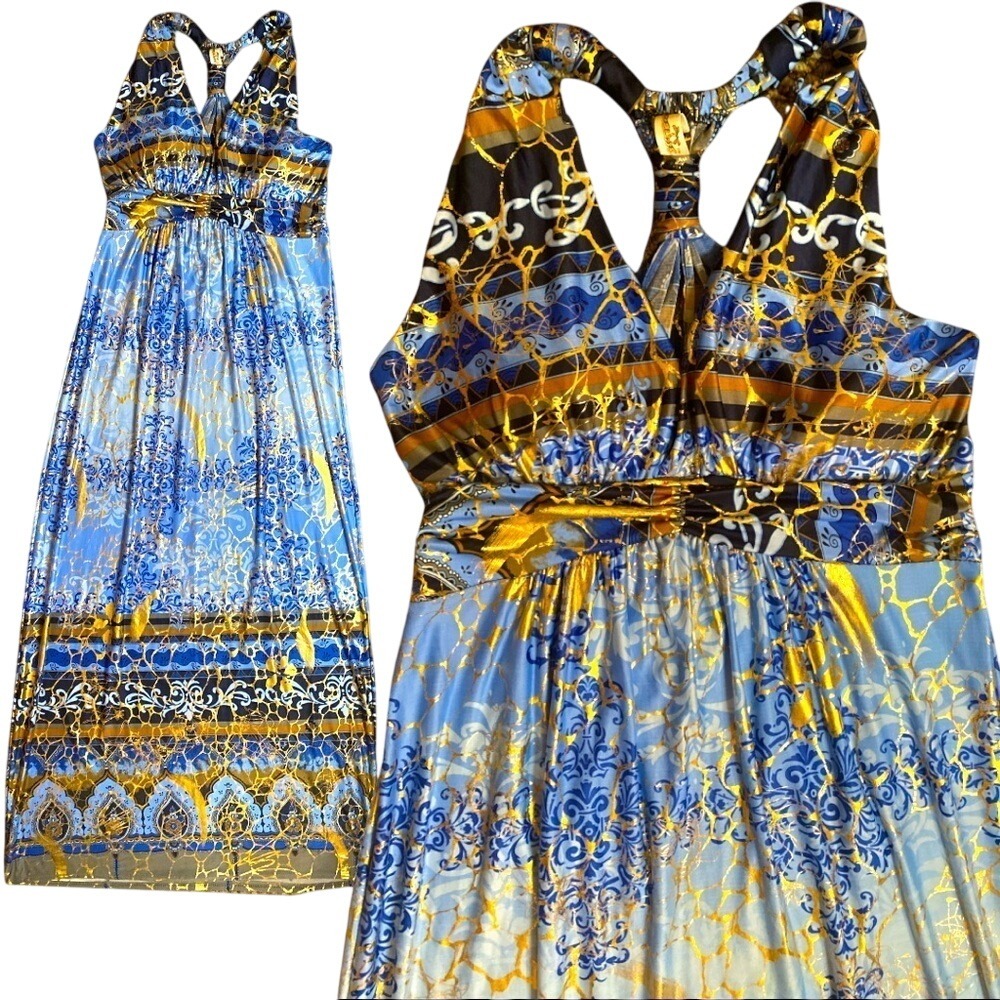 Maxi Dress Halter Blue Brown Floral Sleeveless‎ Evening Party Cocktail S/M - Picture 7 of 11